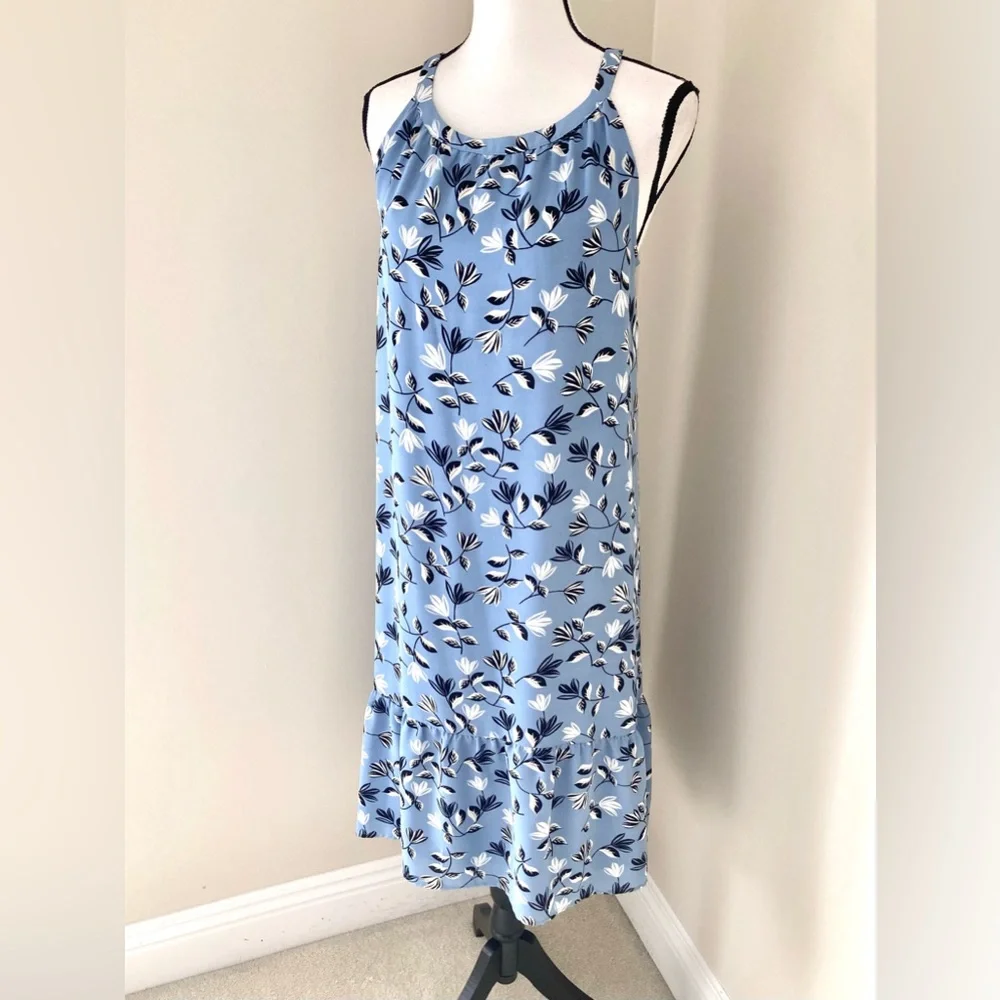 J Jill Wearever Floral Blue Flounce Hem Dress Size M